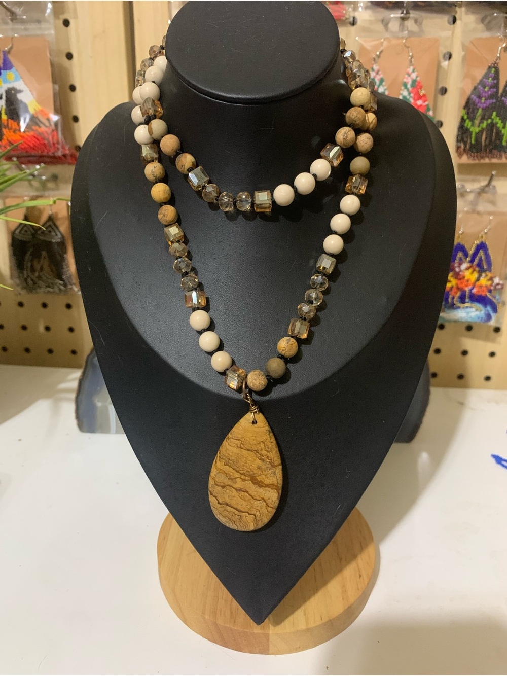 Natural Brown Teardrop Pendant Beaded Necklace - Women Jewelry